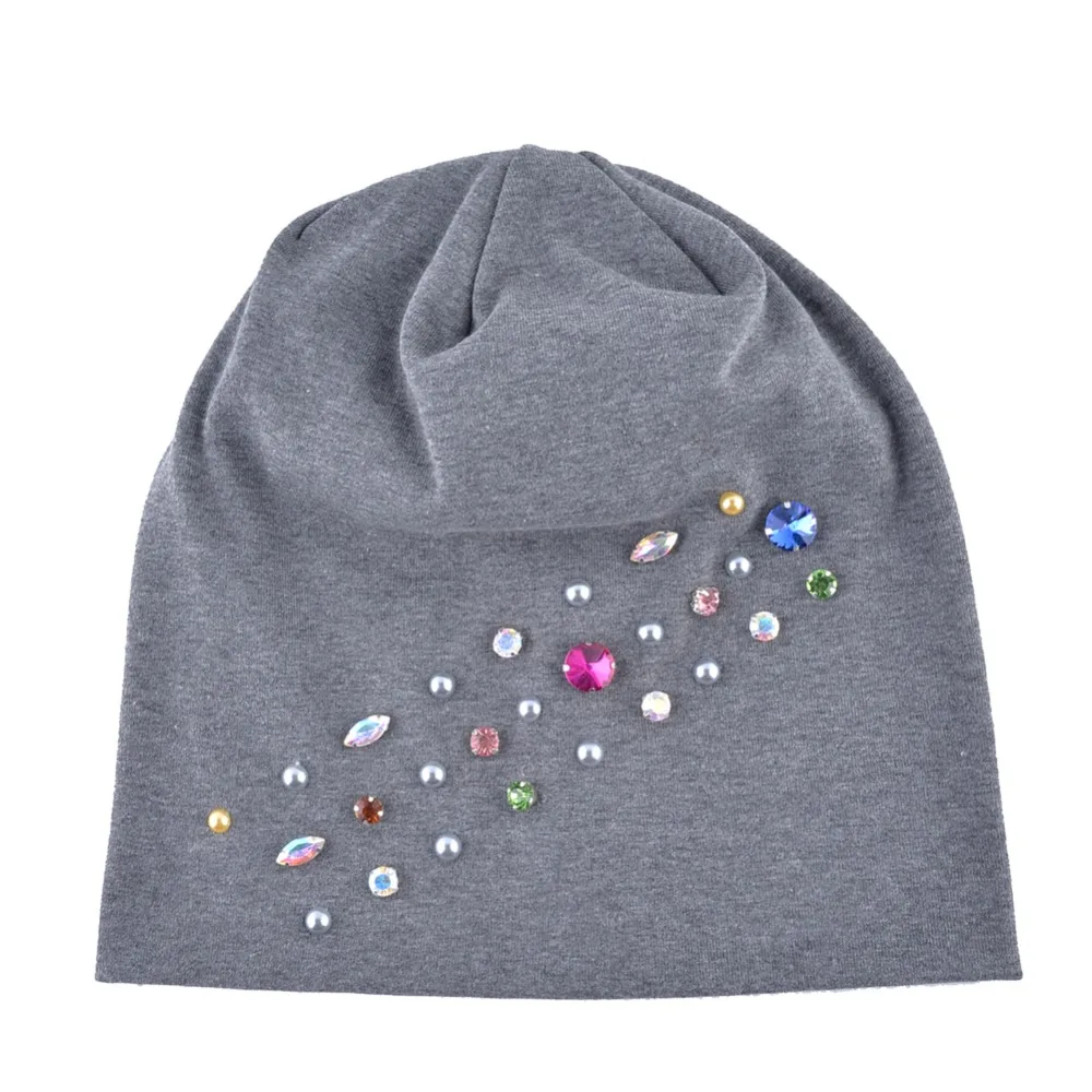 Autumn Winter Beanies Hat Female shinning Rhinestone Pearls Bonnet Caps Lady Elegant Turban hats Skullies Fashion Head Accessory