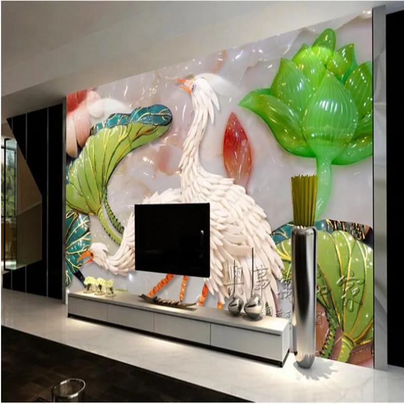 wellyu Customized large - scale murals jade carving crane lotus marble fresco TV background wall non - woven wallpaper