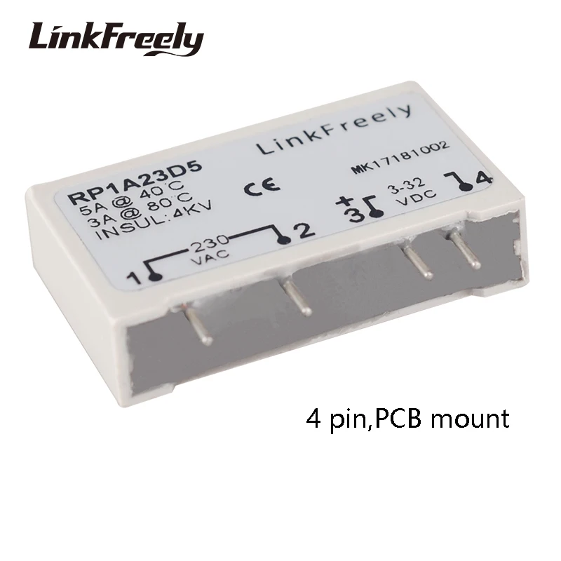 RP1A23D5 1 Phase PCB Solid State Relay 4 Pin DC AC 3V 5V 12V 24V DC Input Output 230VAC 480VAC 3A 5A SSR Relay Switch Module