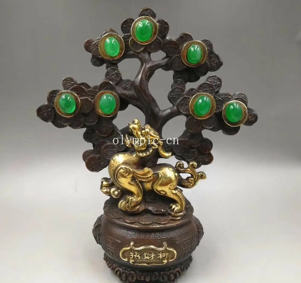 12'' bronze copper Gem home fengshui wealth tree cornucopia beast dragon kylin