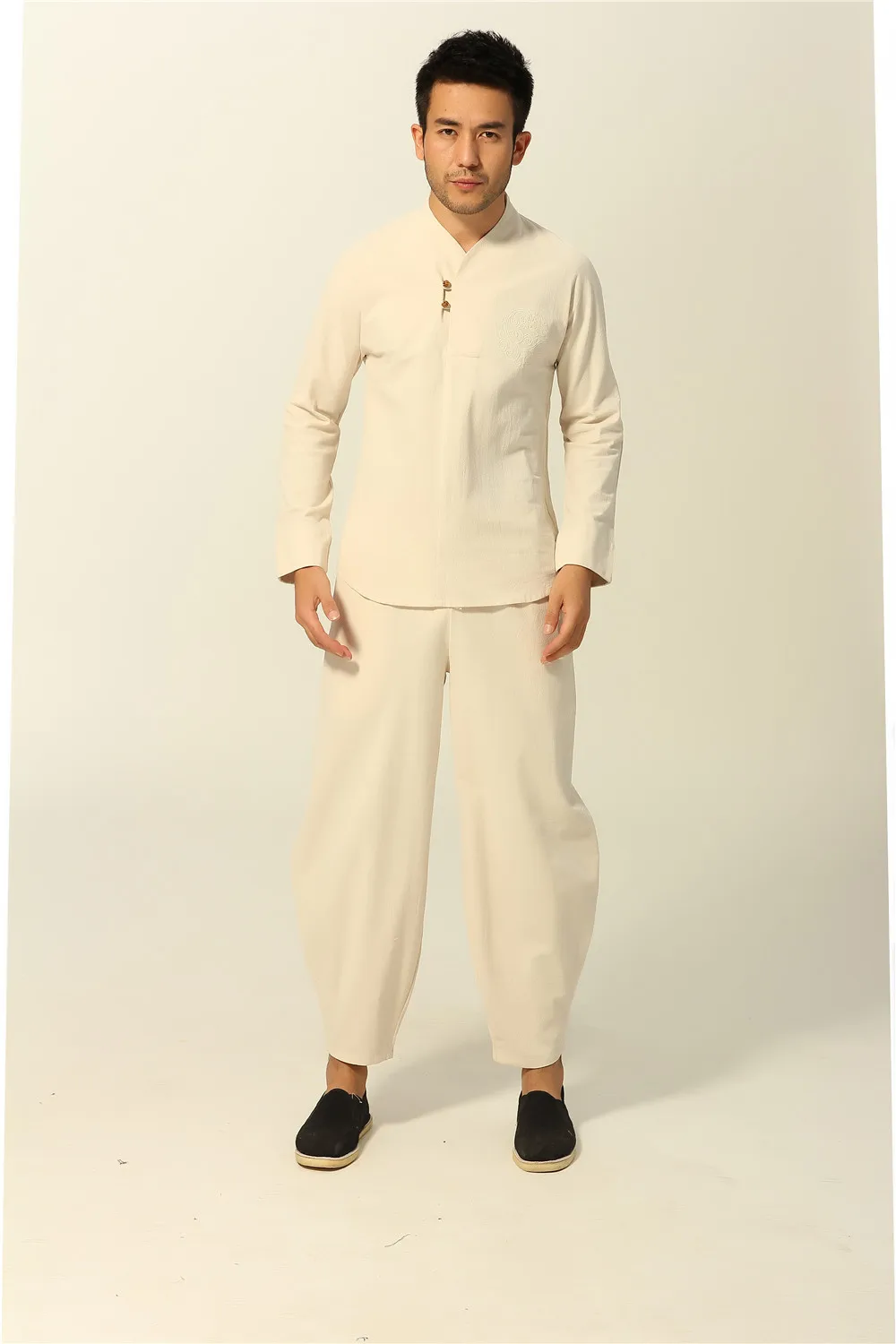 New Arrival Chinese Men's Cotton Kung Fu Suit Tai Chi Wushu Sets Long Sleeve Shirt&Loose Full Length Pants Trousers Size M-XXXL