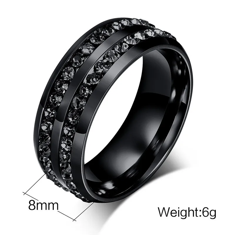 ZORCVENS High Quality Male Punk Vintage Black Stainless Steel Jewelry Two Rows CZ Stone Wedding Ring for Man Woman