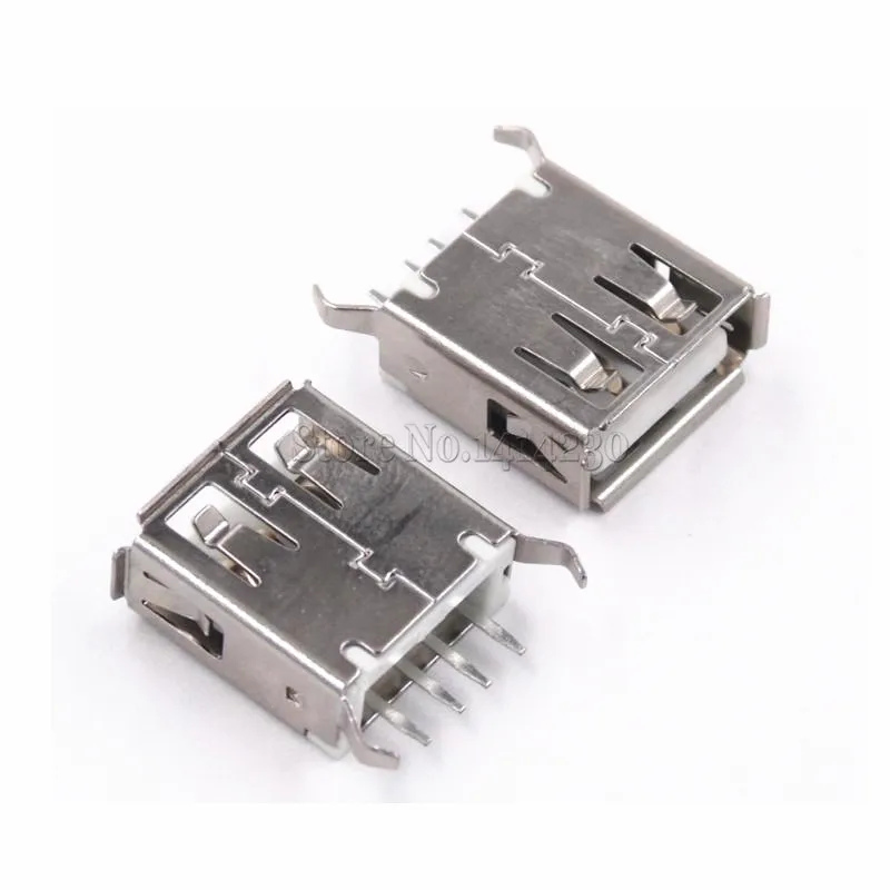 10Pcs USB Type A Female Socket 180 Degrees Vertical 4pins USB Interface Sides Of the Curved Needle