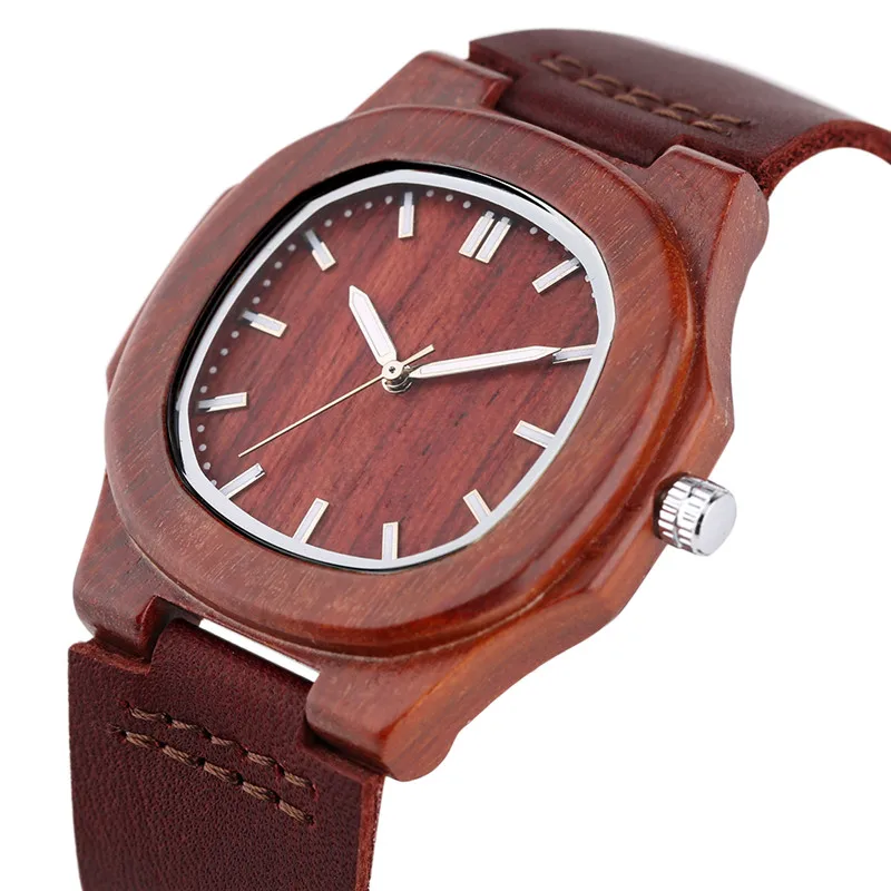 Special Nature Wood Watches for Men Quadrilateral Shape Genuine Leather Leisure Sport Wooden Wristwatches Man Husband Gifts 2017