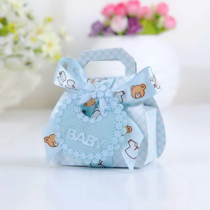 12pcs/lot Bear Shape DIY Paper Wedding Gift Christening Baby Shower Party Favor Boxes Delicate Candy Box with Bib Tags & Ribbons