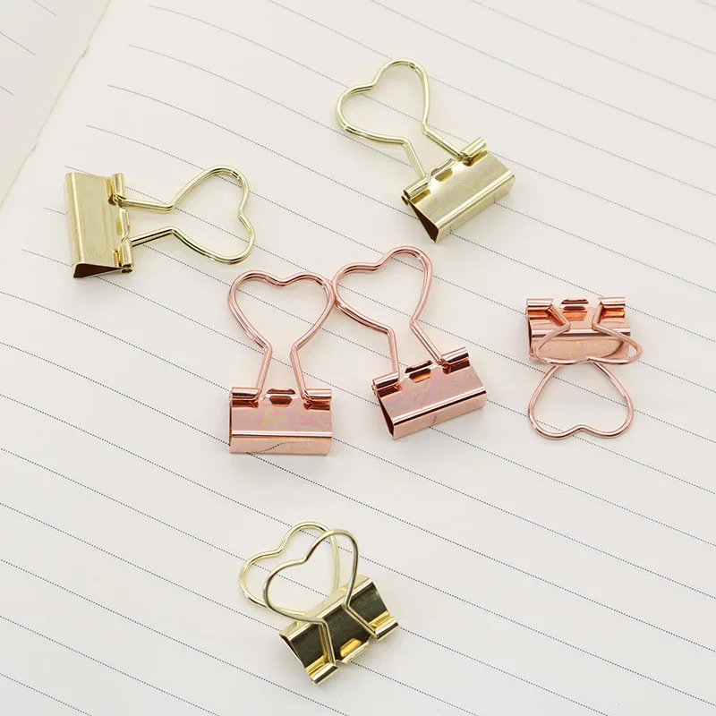 12pcs Fashion Gold Rose Gold Color Binder Clip Hollow Out Heart Shape Metal Binder Clips Photos Tickets Notes Letter Paper Clip