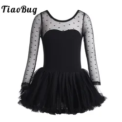 TiaoBug Children Girls Ballet Tutu Leotard Dress Cotton Polka Dots Mesh Long Sleeve Gymnastics Leotard Kids Stage Dance Costume