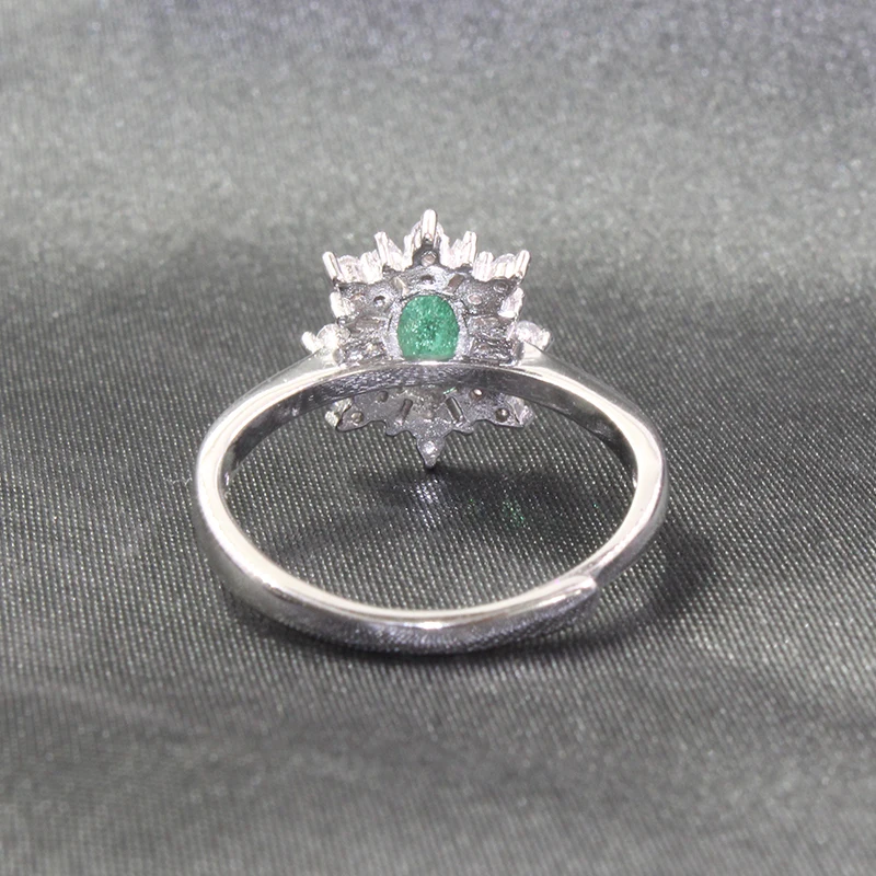 Silver Snowflake Ring for Engagement 4 mm * 6 mm 100% Natural Emerald Ring Solid 925 Sterling Silver Emerald Ring