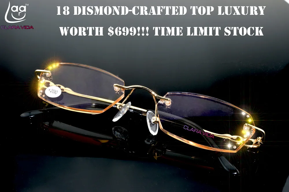 

= CLARA VIDA = Fashion Ladies Luxury Diamond Cutting Edges Ultra Light Rimless Reading Glasses With Case +1 +1.5 +2 +2.5 +3