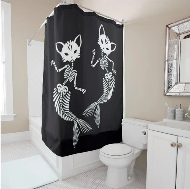 Novelty Skeletons of Cats Mermaid Shower Curtains Funny Gothic Skull Cat Bathroom Curtain Day of the Dead Halloween Home Decor