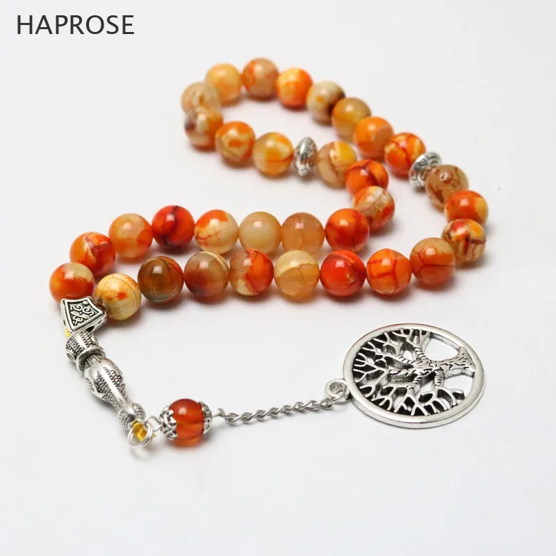 HAPROSE 100% Natural orange agate  Life Tree Bracelet Rosary Islamic Muslim Tasbih Allah Pendant Agate Tassel Christmas present