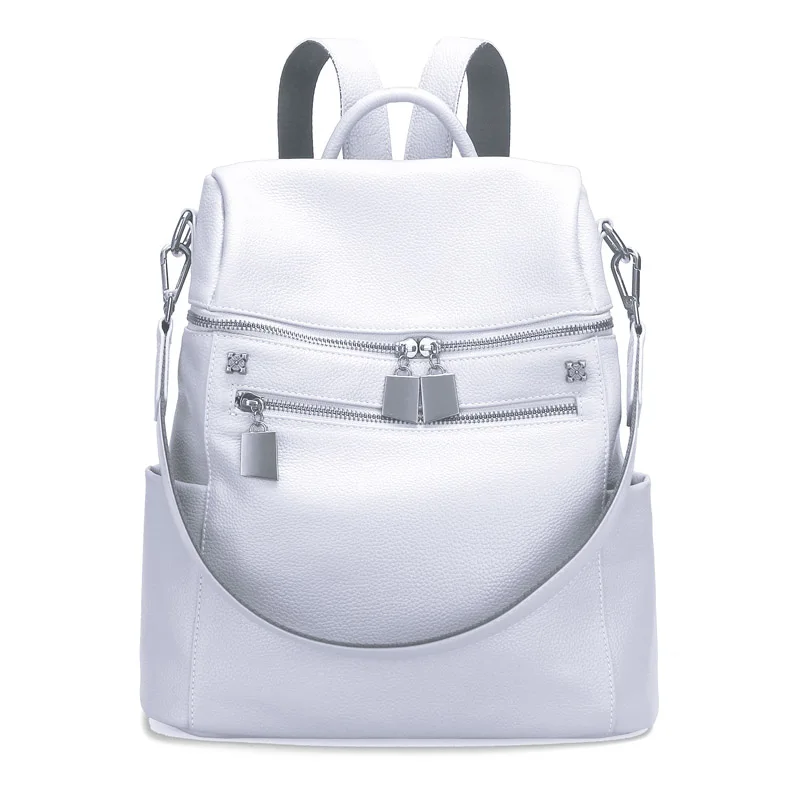 Aodux 100% Genuine Real Cow Leather Women Designer Travel Backpack Bags First Layer Cowhide Girl Female Silver White Rucksack