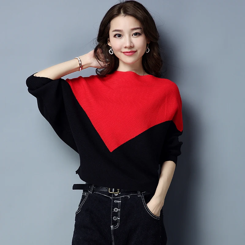 

New Fashion Patchwork Jumper Sweaters Women Slash Neck Batwing Sleeve Knitted Sweaters Female Loose Pullovers Sweaters FP1385