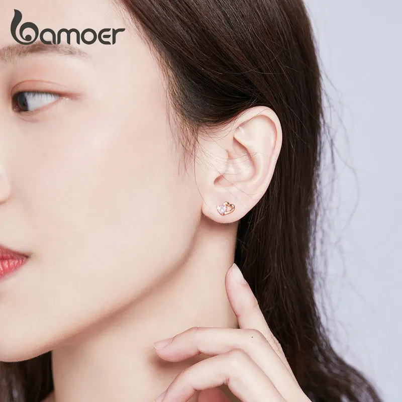 BAMOER 925 Sterling Silver Double Heart to Heart Pink CZ Stud Earrings for Women Brincos Fine Jewelry Bijoux SCE090