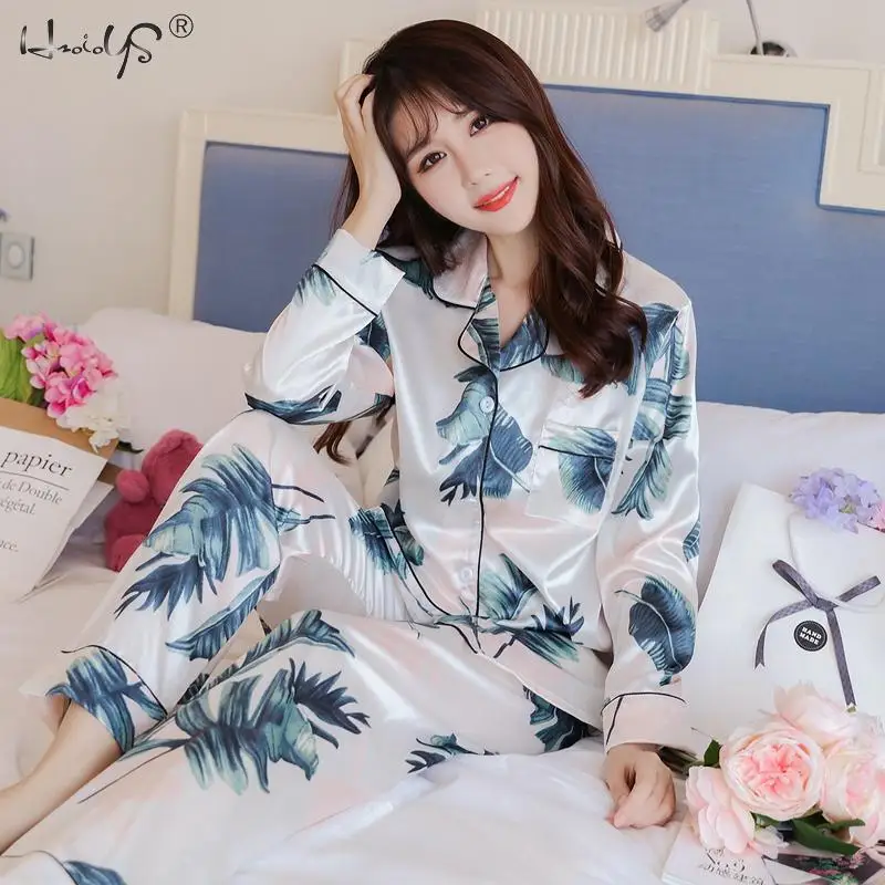 Plus Size M-5XL Pyjamas Autumn Winter Women Silk Satin Tops +Long Pants Pajamas Set NightSuit Female Sleepwear Sets Night Wear