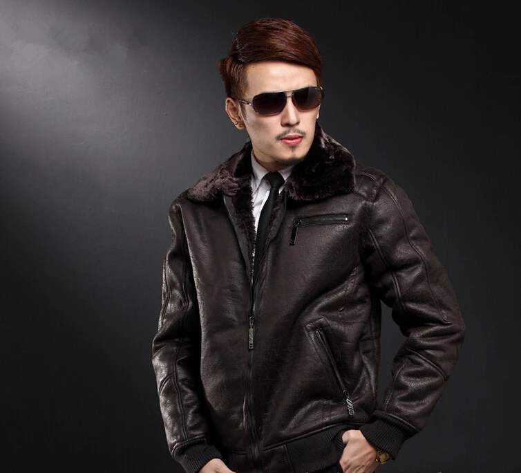 Europe And United States Air Force Men's Brand Winter Fashion New Leather Jacket Fur Thread Air Force Flight Suit Leather Coat