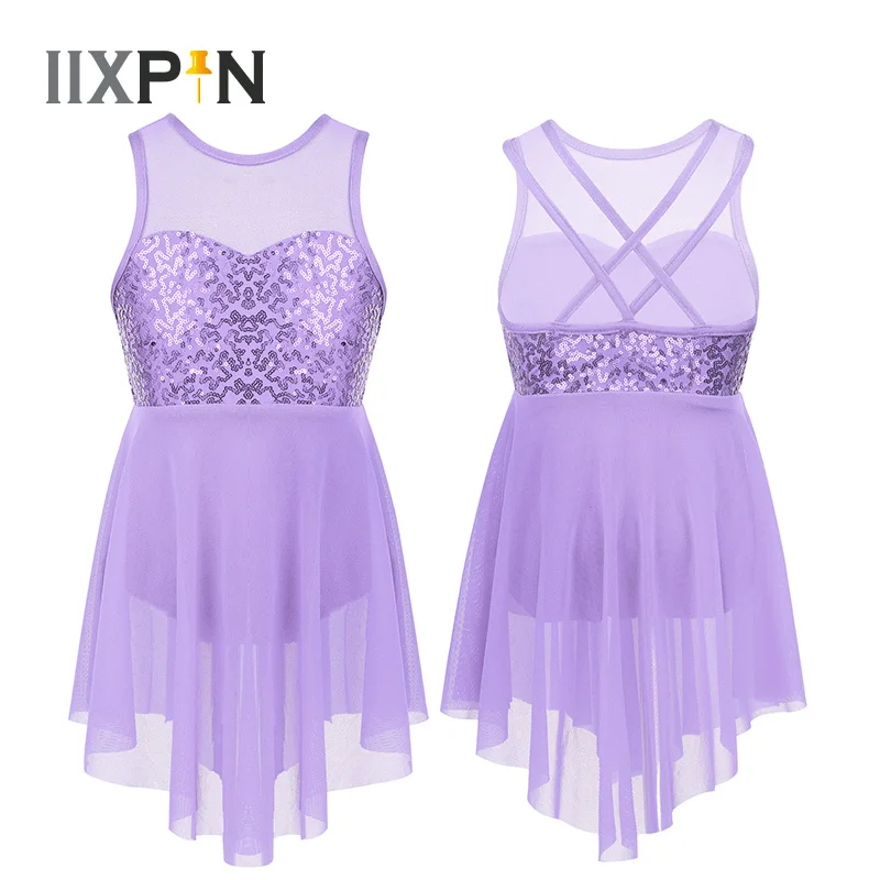 

Kids Girls Sequins Ballet Dress Lyrical Dance Costume Sleeveless Illusion Sweetheart Criss-Cross Back Irregular Hem Dance Dress