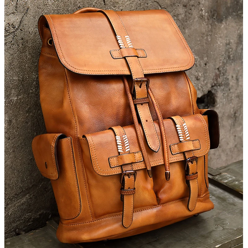 Military Style Travel Bag Men's Backpack Luxury Mens Cow Leather backpack  Large Capacity Retro Shoulder Bag