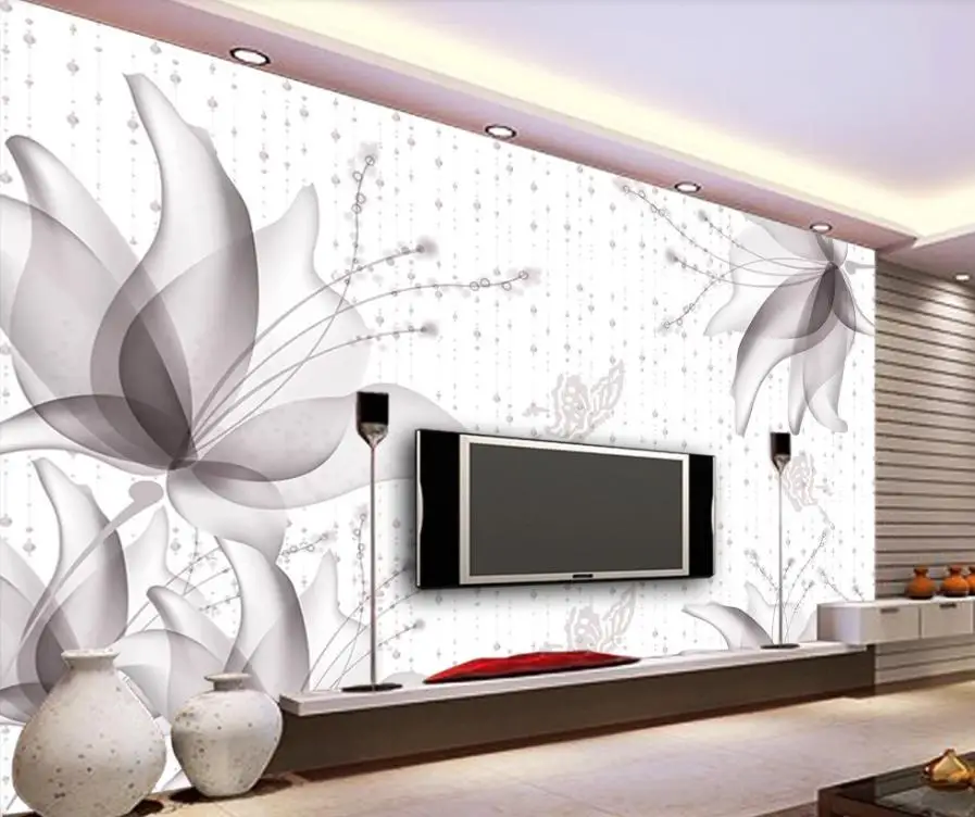 3D Wallpaper Hand drawn minimalist transparent lily flower butterfly TV background wall Modern Custom 3D Wallpaper