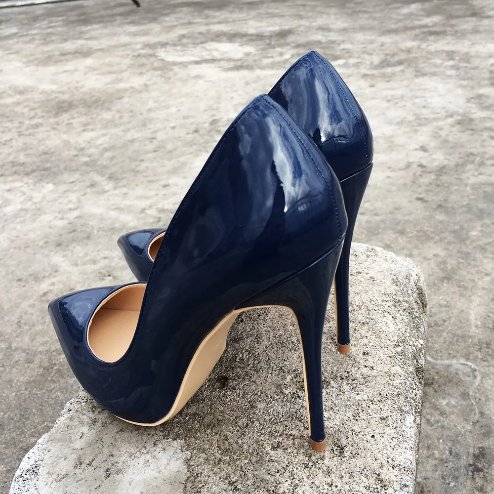 Veowalk Italian Style Women Pointed Toe High Heels Gloss Patent Leather Stilettos Ladies Solid Color Pumps Shoes Navy Blue