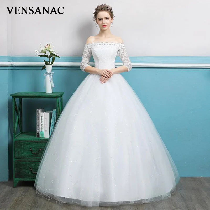 VENSANAC Boat Neck Ball Gown Lace Appliques Half Sleeve Wedding Dresses Crystal Plus Size Backless Bridal Dress