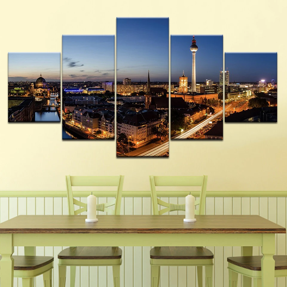 Printed city night scenery picture painting canvas frame 5 Panels Wall Art modern Modular Poster for Living Room Home Decor