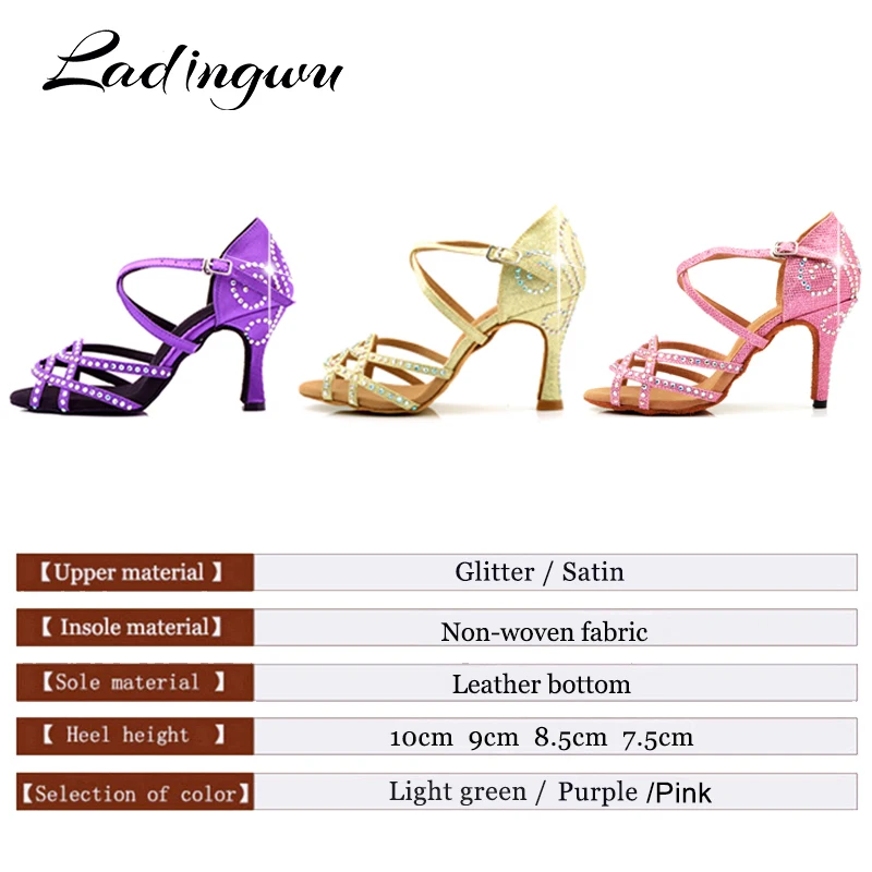 Ladingwu Pattini Delle Signore Viola Raso Latino Scarpe Da Ballo di Strass Professione Salsa Scarpe Da Ballo zapatos de baile latino mujer