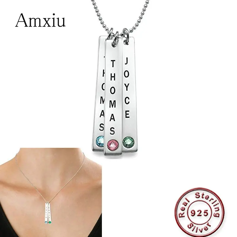 

Amxiu Real 925 Silver Bar Necklace Engrave Three Names with Birthstones Pendant Necklace For Family Mother Friends Special Gift