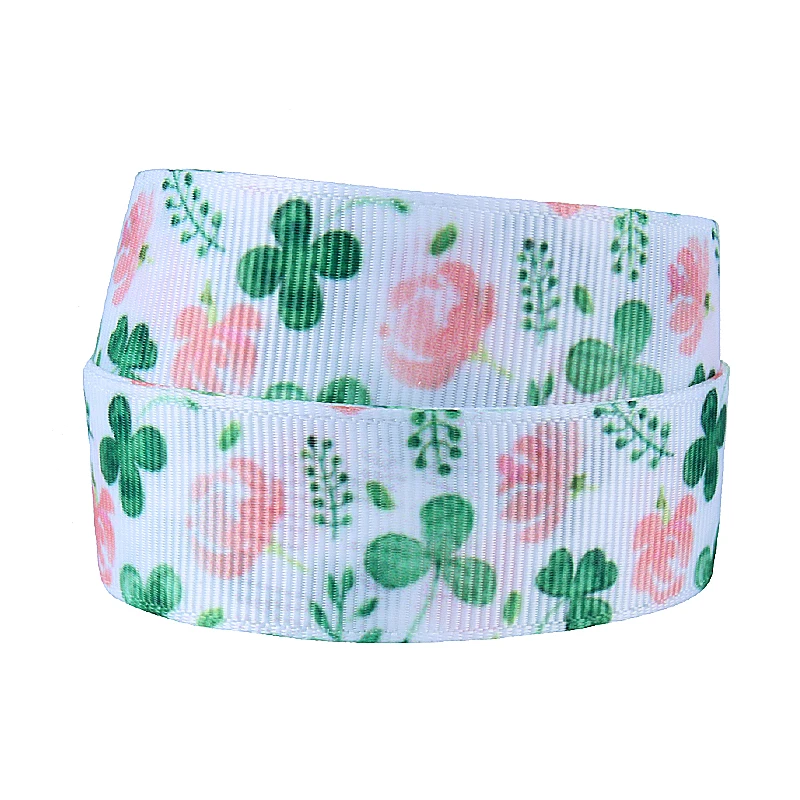 

(50Y/lot) New FLORAL SHAMROCK WHITE Grosgrain Ribbon