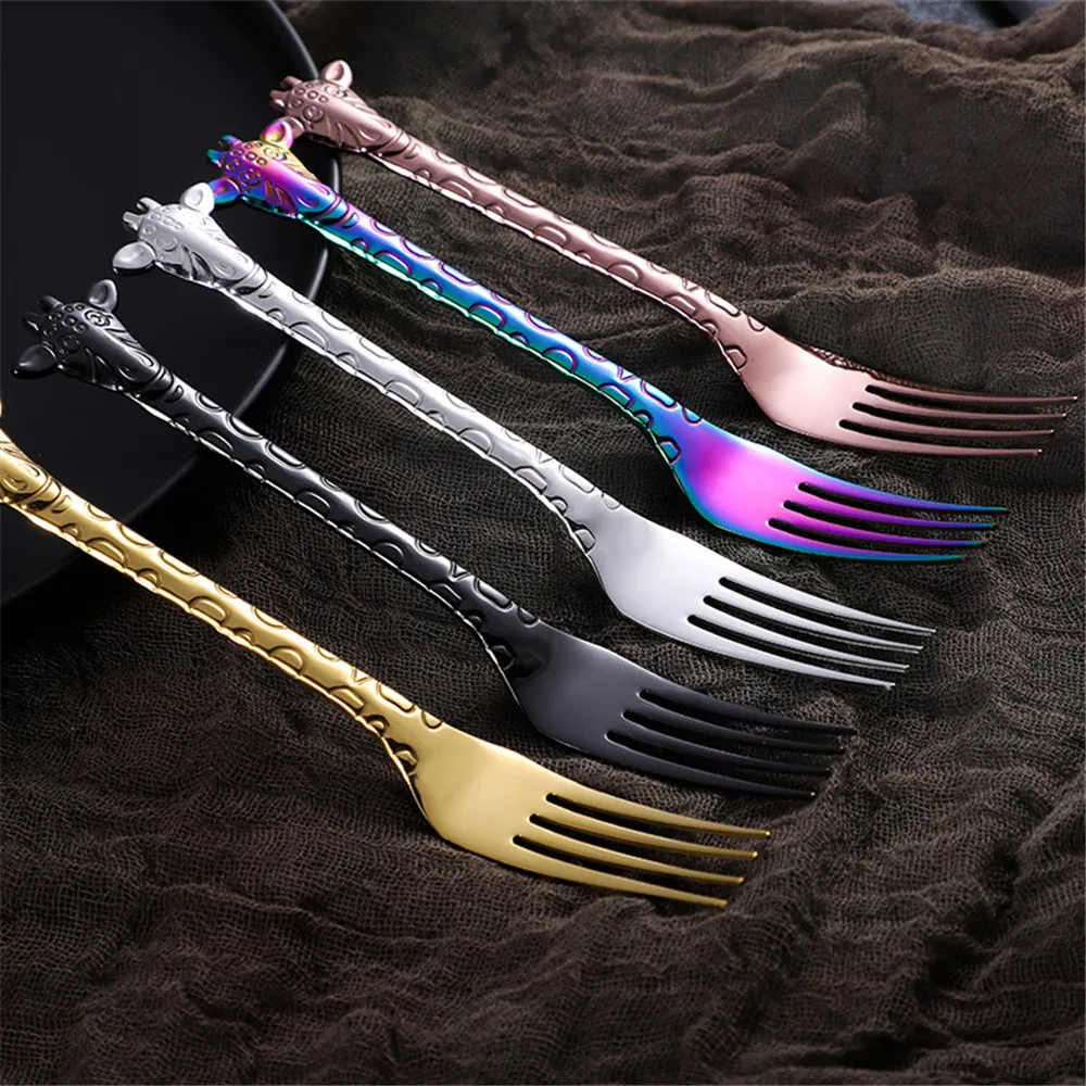 Creative 304 Stainless Steel Fork Spoon Giraffe Pattern Coffee Cake Dessert Ice Cream Forks Spoons Luxury Household Tableware