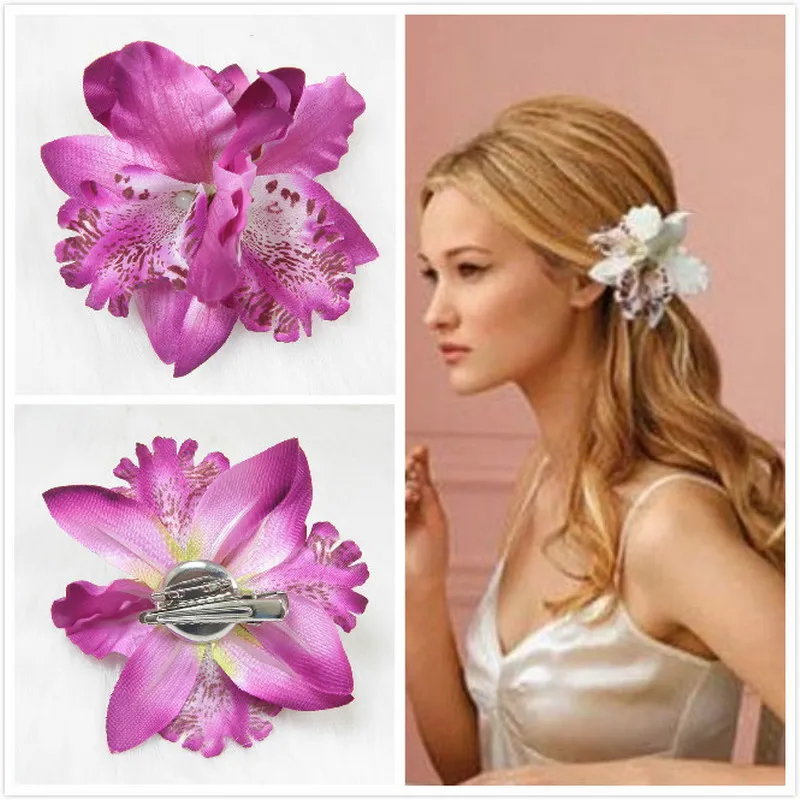 

Wholesale - 10PX 4" White Orchid Flower with leopard print Hair Clip Brooch wedding Bridal Party