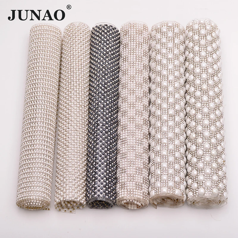 JUNAO 24x40cm White Pearl Trim Glass Rhinestones Mesh Crystal Fabric Hotfix Pearls Applique Strass Ribbon Wedding Dress Crafts