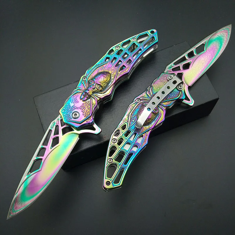 High Quality Exquisite Rainbow Titanium Spider Patter Practice Knife Floding Blade Knifes with Box Gift Colorful Training Tools