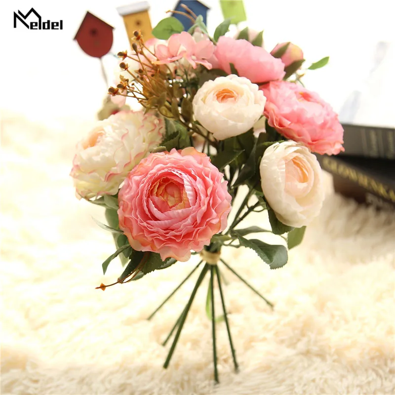 Meldel Wedding Bouquet เจ้าสาว Bridesmaids ช่อแชมเปญแต่งงานผ้าไหมประดิษฐ์ Rose Home Decor อุปกรณ์จัดงานแต่งงาน