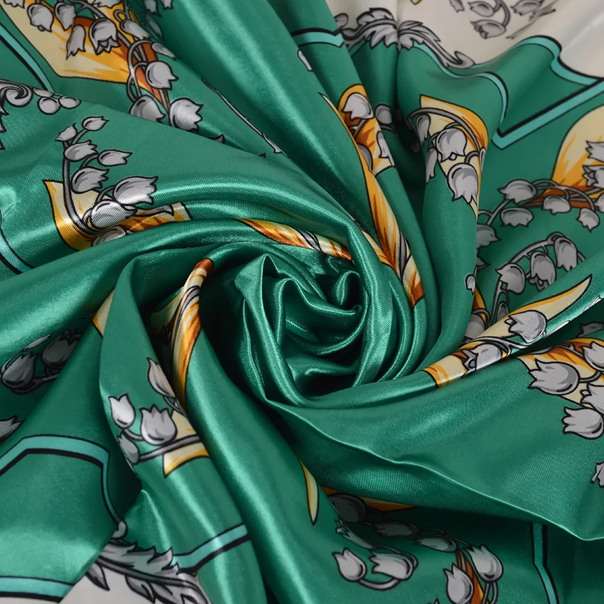 [BYSIFA] Silk Scarf Winter Women Green White Head Hijab Scarves Shawls New Floral Design Kerchief Bandana Satin Square Scarves