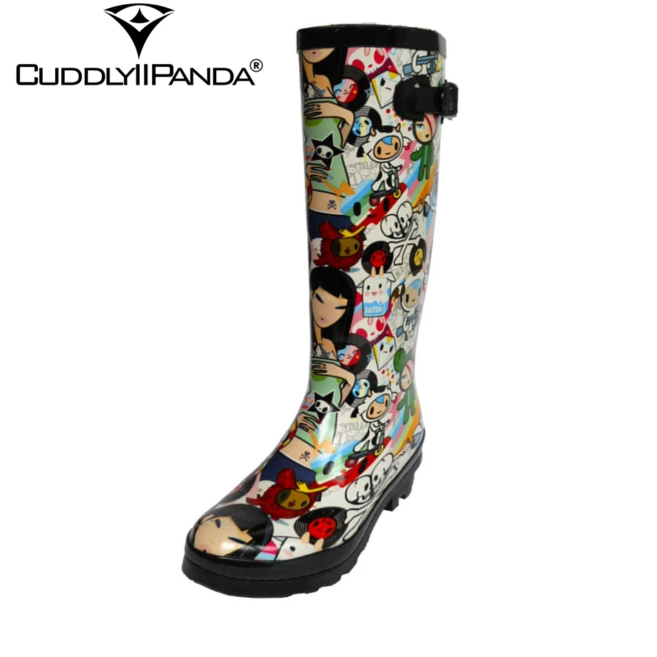 CuddlyIIPanda New Hand-painted Cartoon Rain boots Waterproof Women Knee High Boots Cute Kawaii Buckle Strap Botas Feminina