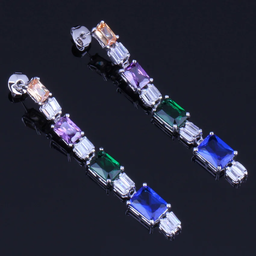 Superb Rectangle Multigem Multicolor Brown Cubic Zirconia Silver Plated Drop Dangle Earrings V0202