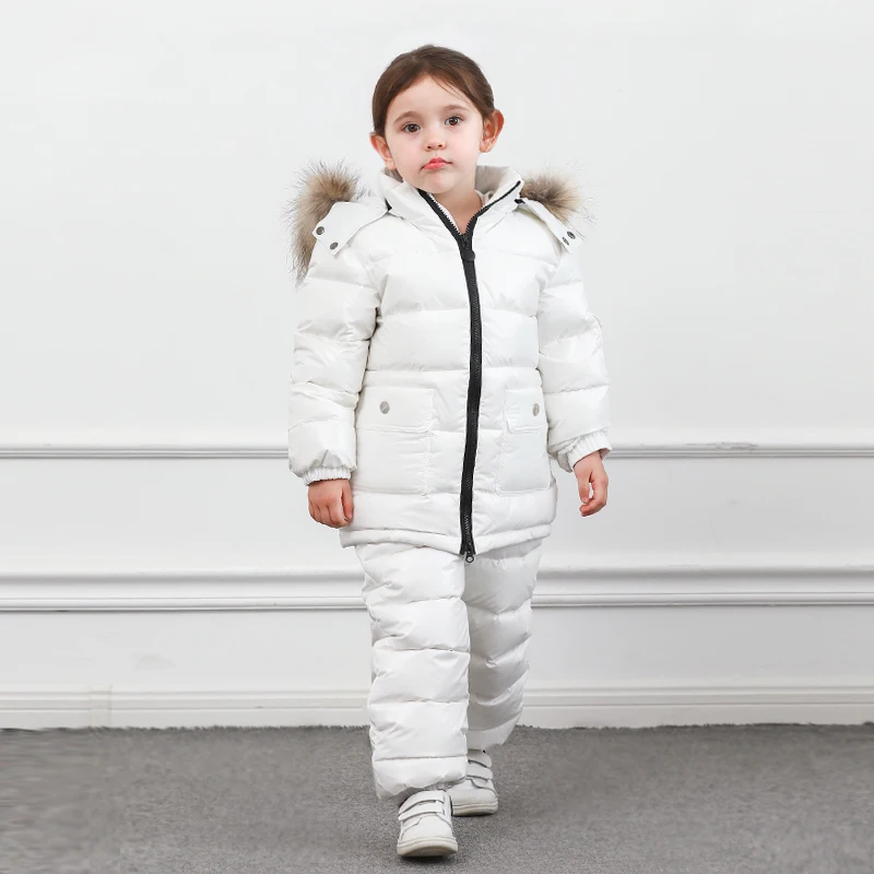 Winter children\'s down jacket girls thick white duck down jacket 2-5 years old boys big fur collar down jacket and pants