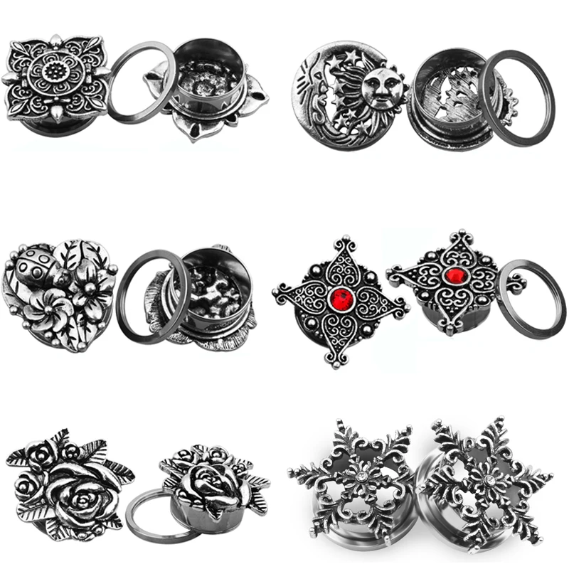 2pcs Vintage Double Flesh Stainless Steel Ear Plugs Tunnels Stretchers Retro Rose Flower Ladybug Ear Gauges Piercing Oreja Gifts