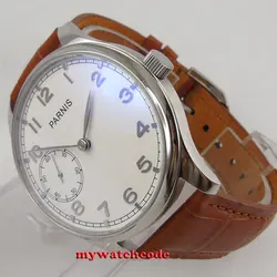 44mm Parnis beyaz kadran gümüş işaretleri el sarma 6497 hareketi erkek izle P28B