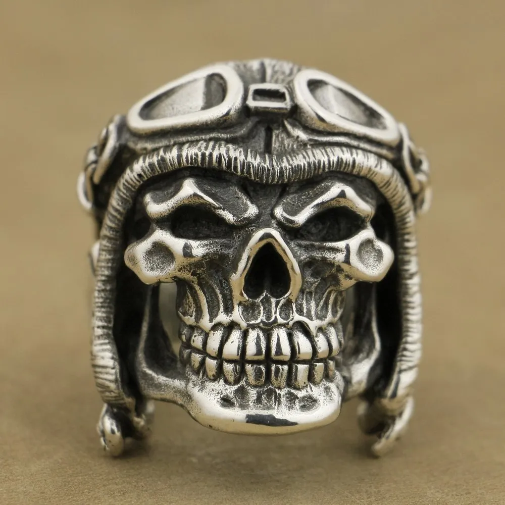 LINSION 925 Sterling Silver Huge Heavy Pilot Skull Helmet Mens Biker Punk Ring TA65 US Size 9~15