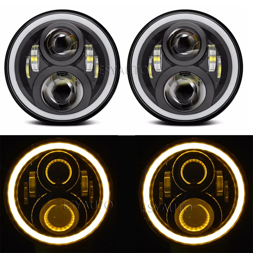 1 Pair 7 Inch LED Headlights with White DRL Amber Turn Signal Angel Eyes Projector 60W Driving Lamps for Jeep Wrangler