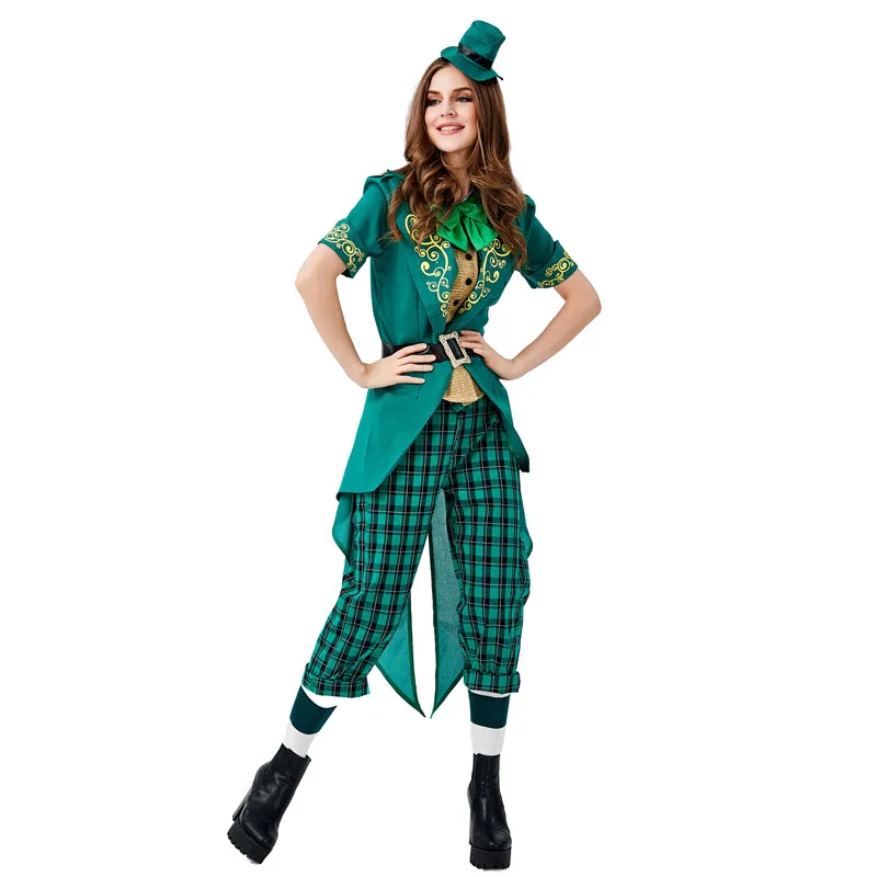 

Green Women Halloween Ireland Fairy Traditional Costumes Irish Leprechaun Elf Cosplay Magician Tuxedo Purim Carnival Party Dress