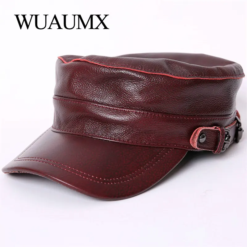 Brand Genuine Leather Military Hats For Men Women Flat Top Newsboy Cowskin Hat Winter Men's Cow Leather Baseball Caps