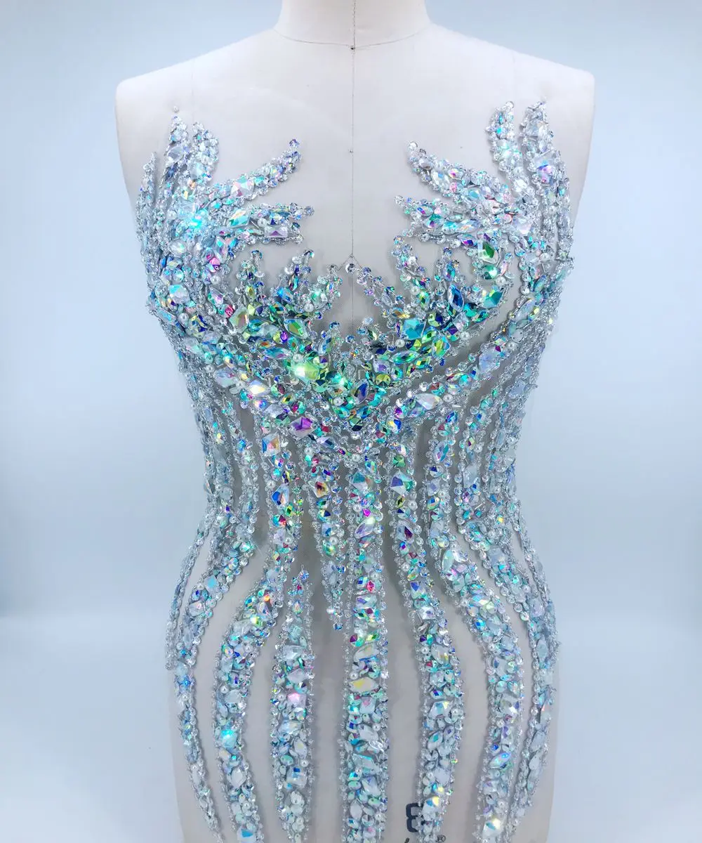 handmade sew on clear AB colour rhinestones applique on mesh sequins beads trim patches 65*34cm for dress DIY accessories