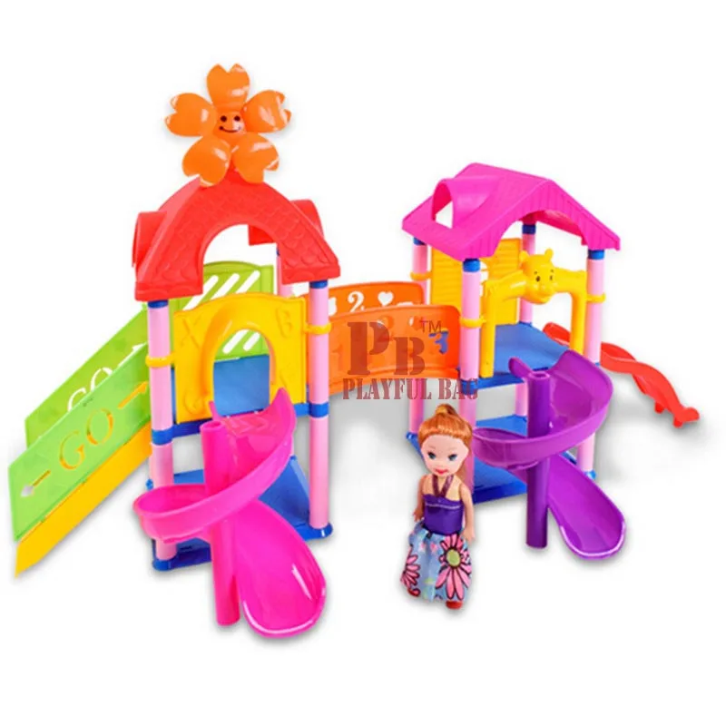 

Children's assembly paradise theme blocks small dolls slide pink high-grade color box Building blocks toys