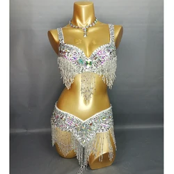 New Women's Beaded Sequins Belly Dance Costume Wear BRA BELT 2pc Set Showgirl Ladies Bellydancing Costumes Bellydance Clothes