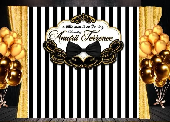 custom Black White And Gold Tie Bow Tie Striped Frame Baby Shower backgrounds   Computer print party backdrops