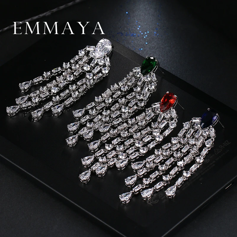 Emmaya Luxury Red Green Clear Blue Long Earrings For Women Wedding Party Drop AAA Shiny Cubic Zirconia Tassel Dangle Jewelry