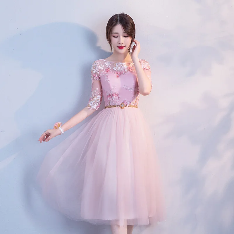 2019 new Ms sexy bridesmaid group One word collar peach pink Lace mesh dress marriage party dress high waist slim dress women